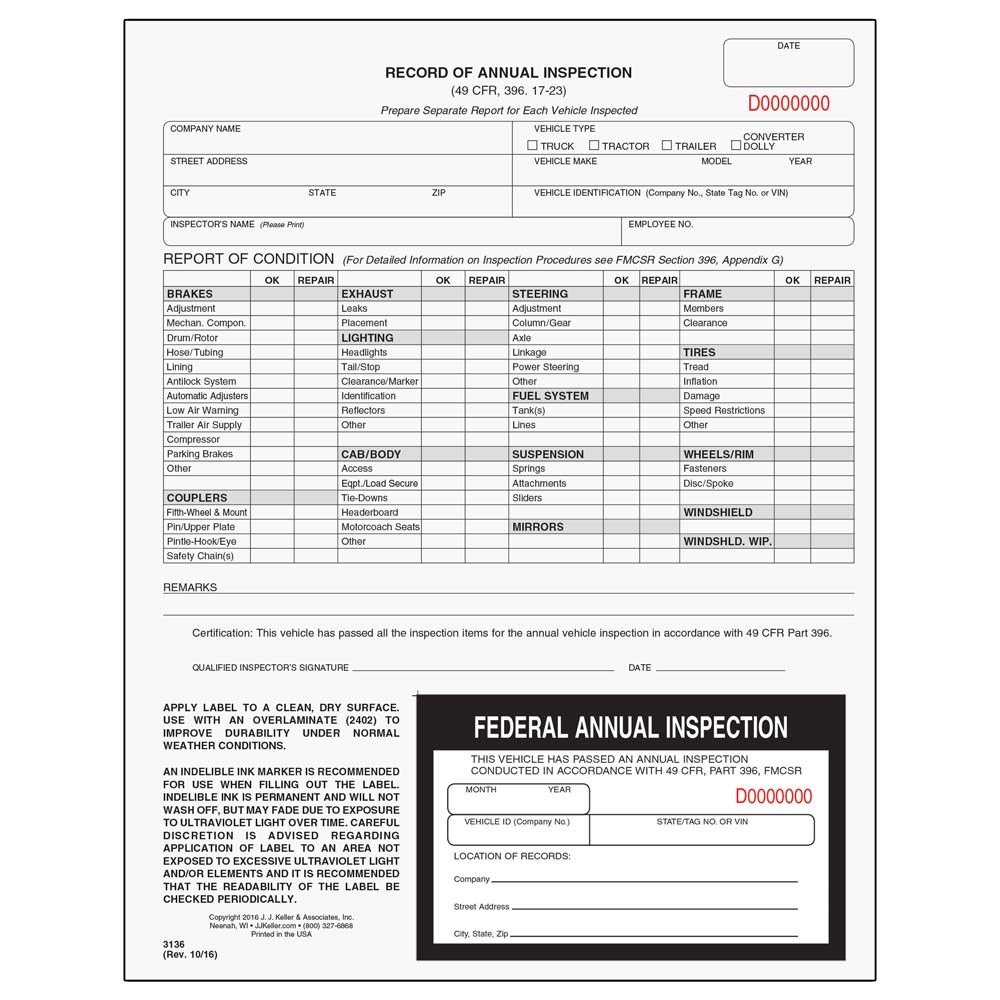 Record Of Annual Inspection W Inspection Decal Stock Qty 50 Units 