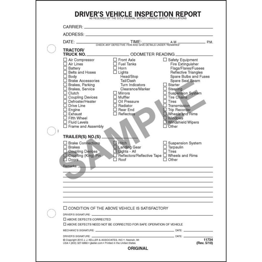 Detailed Drivers Vehicle Inspection Report Side Stub Snap Out Format Stock Pkg Qty 100 5177