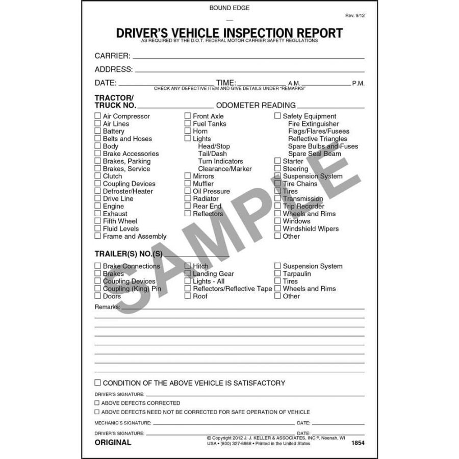 Detailed Driver Vehicle Inspection Report (DVIR), 2-Ply, Carbonless