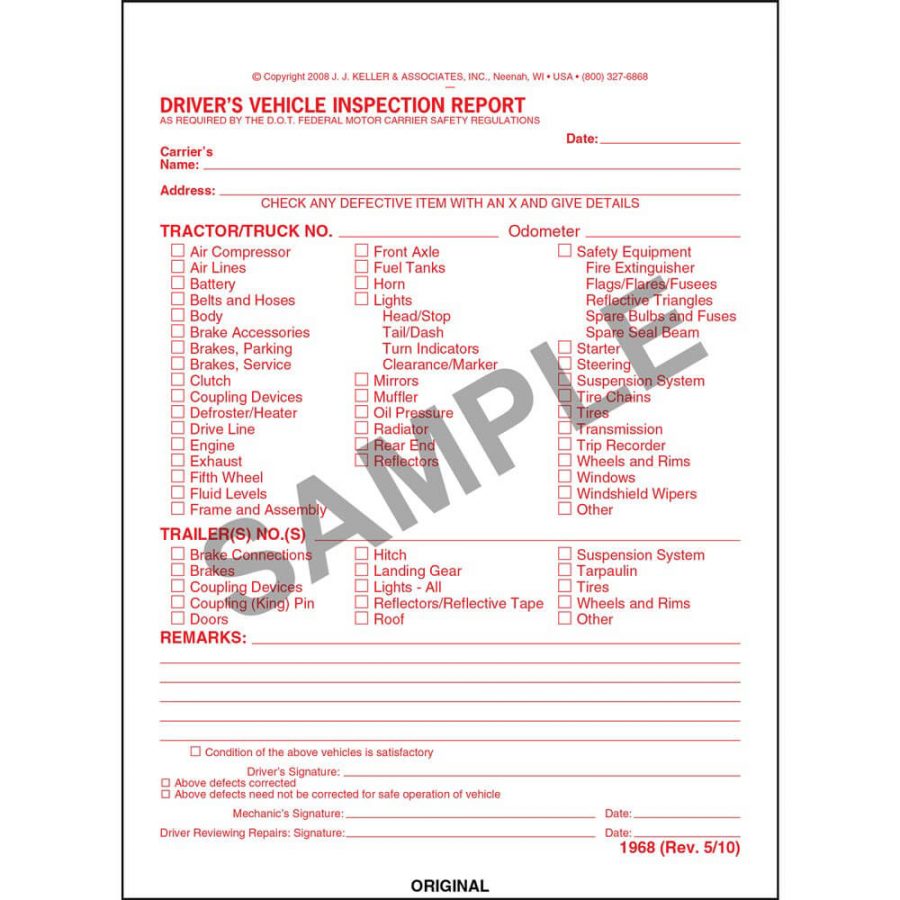 Detailed Driver’s Vehicle Inspection Report, W/Carbon, Red Ink, Snap ...