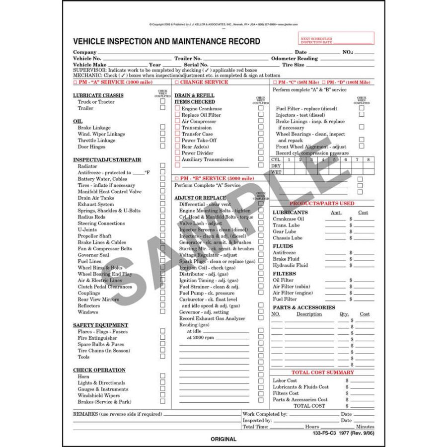 Vehicle Inspection and Maintenance Record – Detailed (Pkg Qty 50 ...