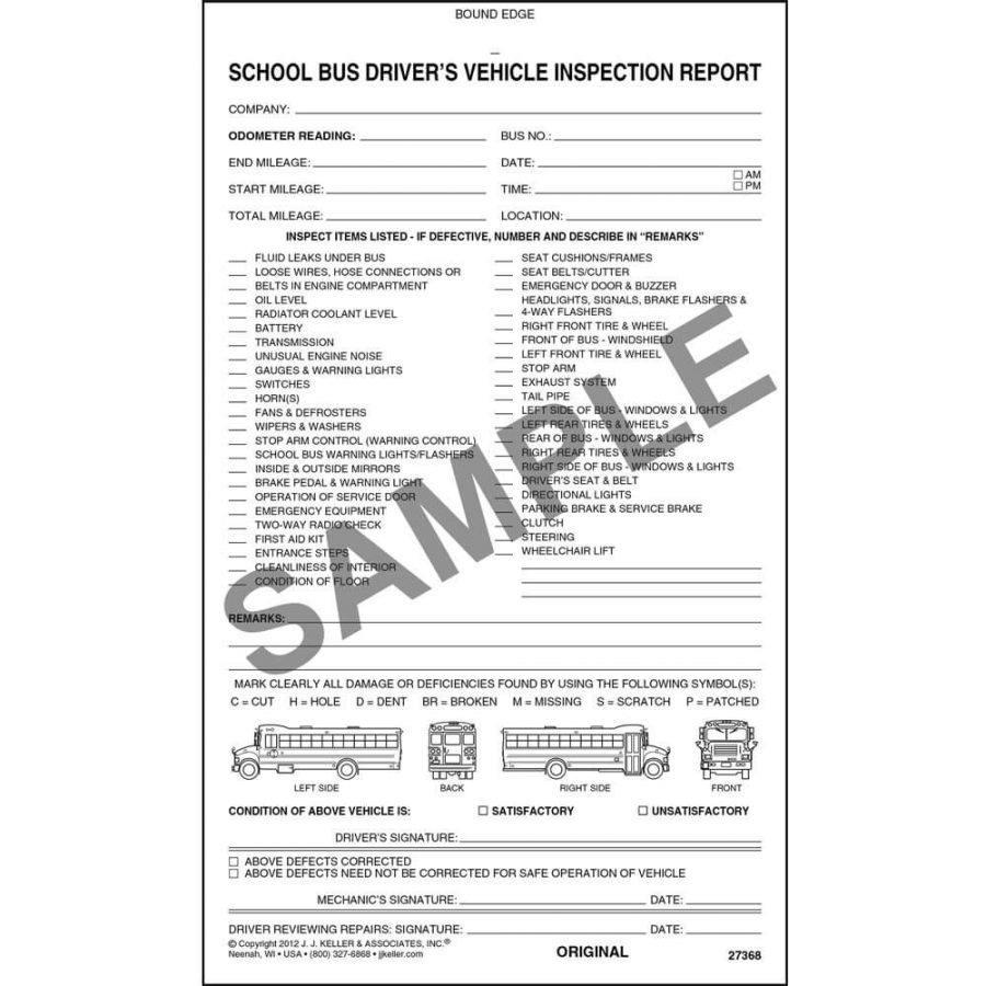 Detailed Driver’s Vehicle Inspection Report – School Bus, Book Format ...