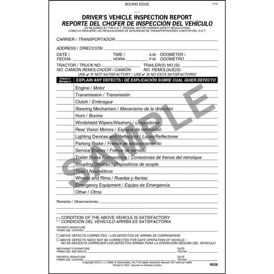 Simplified Driver’s Vehicle Inspection Report, Bilingual – Vertical ...