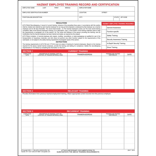 Hazmat Employee Training Record Certification Form (Part # 10616