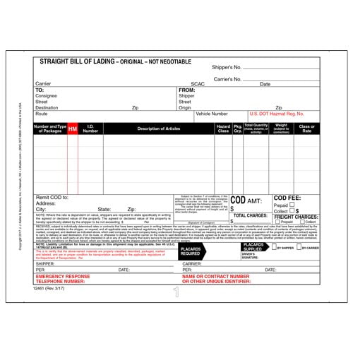 Straight Bill Of Lading Form 3 ply Carbonless Continuous 9 5 X 7 